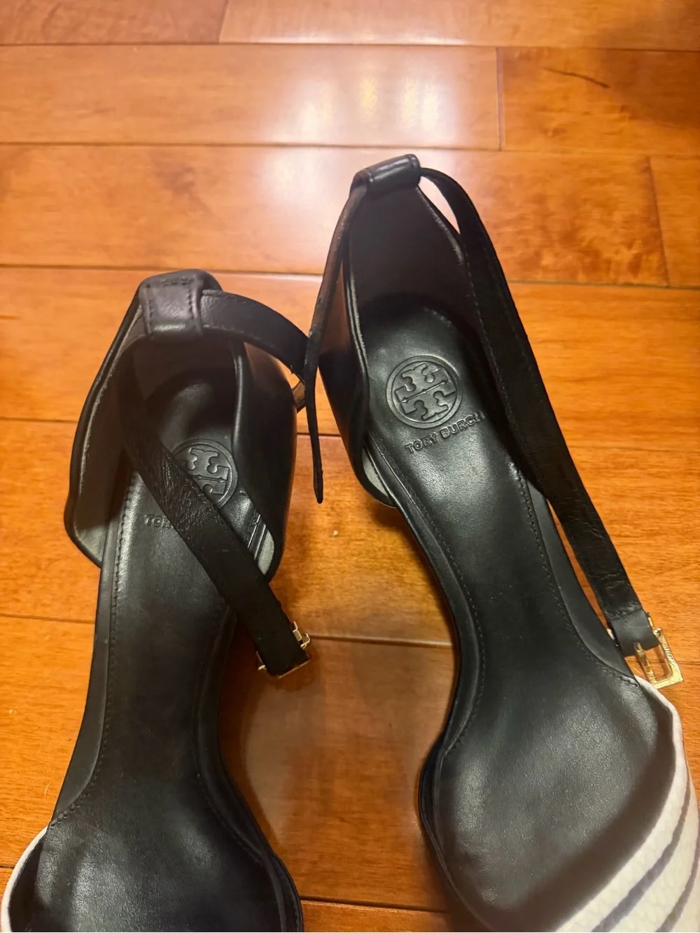 Tory Burch Black and White Striped Pointed Toe Slingbacks